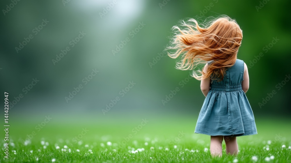 Young Girl with Flowing Red Hair in Green Meadow Landscape