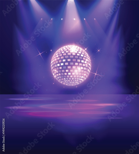 Bright mirror disco ball under spotlights, in neon purple.