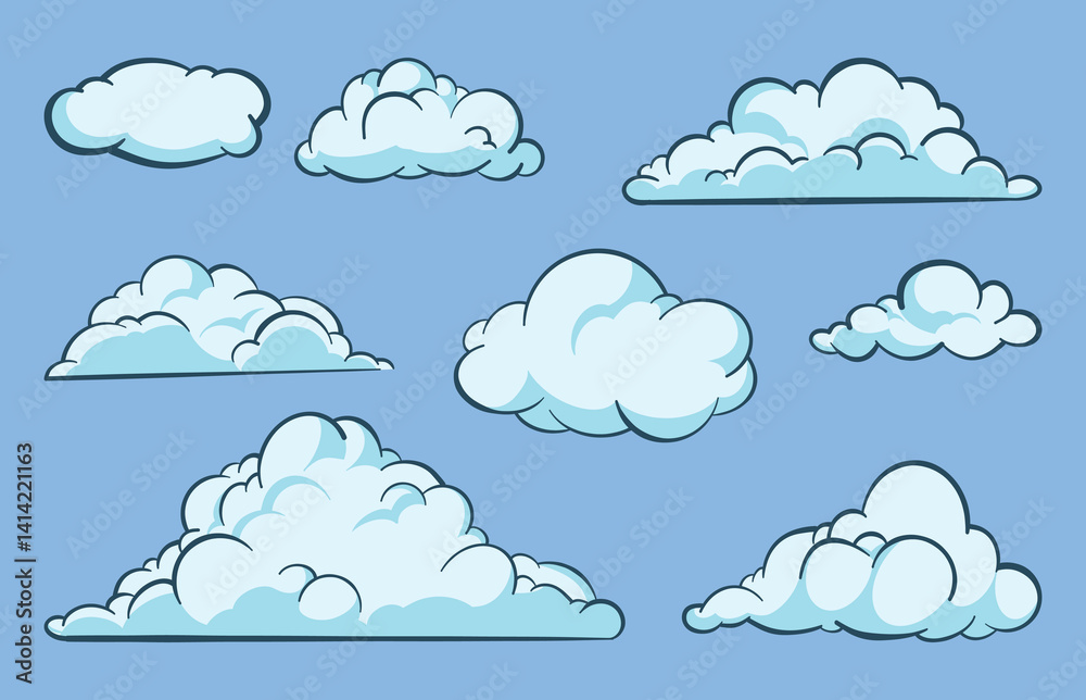Premium Vector. Cartoon white clouds icon set isolated on blue background premium vector