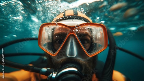 Close-up of a scuba diver wearing a mask and looking towards the camera underwater showing a close-up of the diver's face. The diver wears an orange and yellow diving helmet and suit