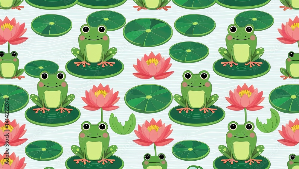 Fototapeta premium Whimsical Frog Pond Background Image Cute Amphibians Lily Pads Floral Pattern Wallpaper