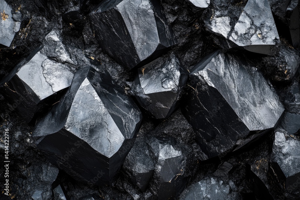 A close-up view of dark, angular crystals with a rough texture, creating a dramatic, abstract image. A close-up view of dark, angular crystals with a rough texture, creating a dramatic, abstract image.