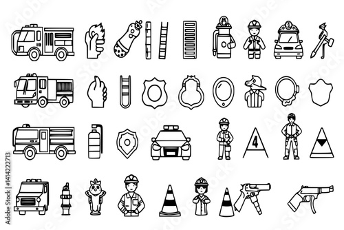 Firefighter and police profession icons in black and white line art in vector style.