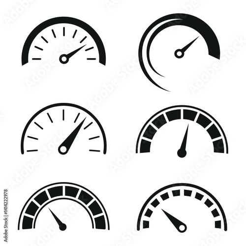 Collection of black and white speedometer icons, dial and pointer designs