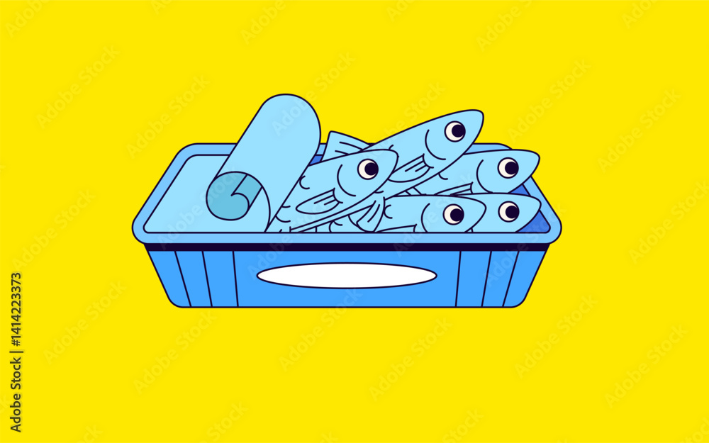 Εκτύπωση καμβά Illustration of fresh fish packed in a blue plastic tray with a rolled-up sheet
