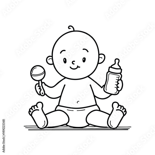 Baby holding a rattle toy and milk bottle