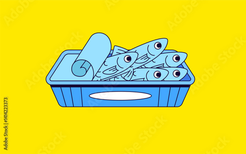 Illustration of fresh fish packed in a blue plastic tray with a rolled-up sheet of wrapping paper for food packaging or seafood themes carton vector hand drawn