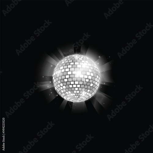 Glowing disco ball vector icon, shiny hanging mirror sphere, 80s symbol music dance club, retro festive party decoration