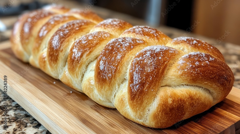 Freshly Baked Golden Braided Bread on Wooden Cutting Board Freshly Baked Golden Braided Bread on Wooden Cutting Board