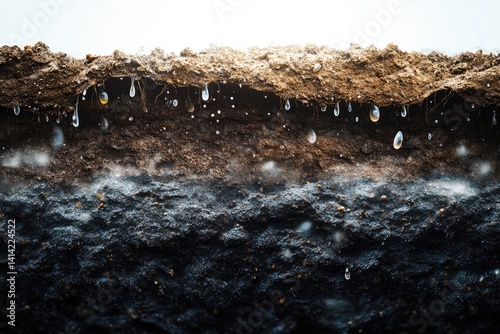 Water seeps through layers of soil, illustrating groundwater infiltration and soil composition.