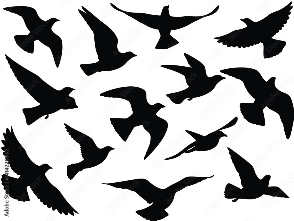 Flock of flying birds silhouette vector, Birds flock Flying in the Sky, transparent background. Flock of flying birds silhouette vector, Birds flock Flying in the Sky, transparent background.