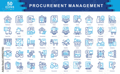 The Procurement Management icon set captures essential concepts like sourcing, contracts, inventory, and cost-saving ideal for logistics, supply chain, and enterprise operations.