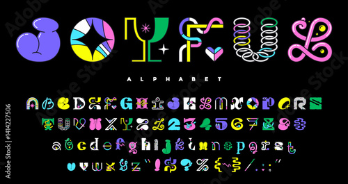 Modern y2k font, geometric brutal type, trippy typeface alphabet vector typography. Abstract font letters and numbers of color aesthetic shapes and brutalist figures. Y2k geometric type english abc
