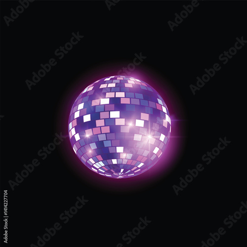 Glowing purple disco ball, vector shiny hanging mirror sphere, retro disco party, music dance club festive decoration