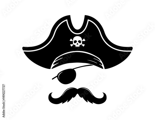 Pirate sailor photo booth mask with black tricorn hat, eyepatch and mustaches. Isolated vector black silhouette of captain face complete with cocked hat, swashbuckling filibuster photobooth template