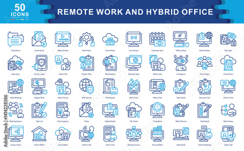 The Remote Work and Hybrid Office icon set illustrates modern tools, environments, and communication essentials ideal for flexible teams, virtual collaboration, and productivity solutions.