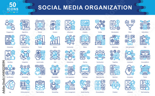 The Social Media Organization icon set represents key strategies, tools, and dynamics for digital influence, audience engagement, content management, and brand visibility in today's platforms.