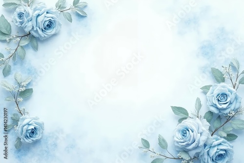Pastel blue roses and gentle eucalyptus leaves on a baby blue watercolor backdrop