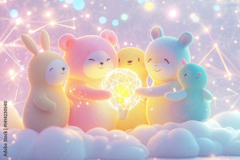 Adorable plush animals, bunny, bears, and chick, surround a glowing lightbulb, symbolizing teamwork and bright ideas. Adorable plush animals, bunny, bears, and chick, surround a glowing lightbulb, symbolizing teamwork and bright ideas.