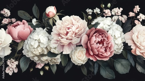 Elegant floral arrangement with peonies and hydrangeas on black background