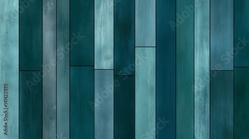 Abstract wooden wall paneling with varying shades of blue and green for modern interior design aesthetics