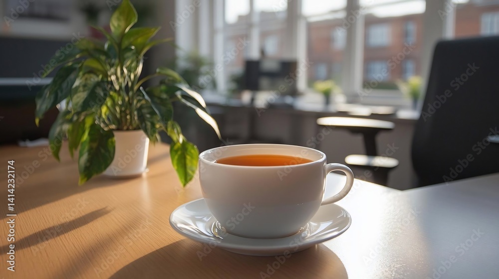 A cup of tea on a saucer sits on a wooden desk near a potted green plant in a sunlit office. Soft focus creates a warm atmosphere
