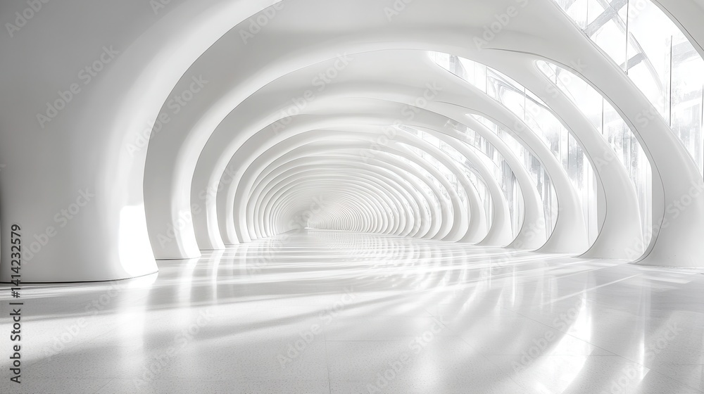 Futuristic white architectural hallway with curved arches and daylight Futuristic white architectural hallway with curved arches and daylight