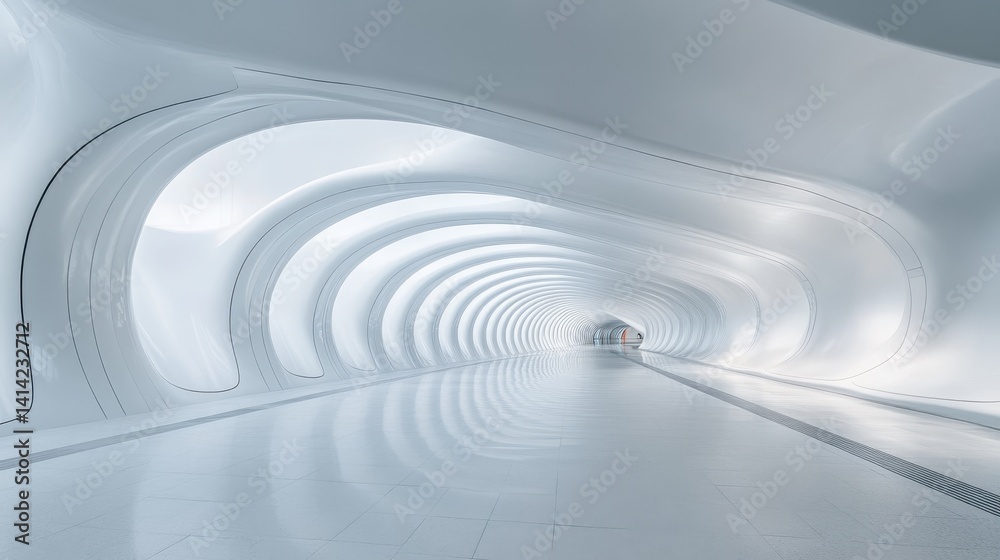 Fototapeta premium Futuristic white curved tunnel in modern architectural design
