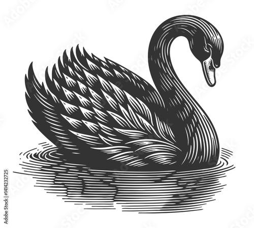 black swan, as a metaphor for unexpected, high-impact events or anomalies sketch engraving generative ai vector illustration. Scratch board imitation. Black and white image.