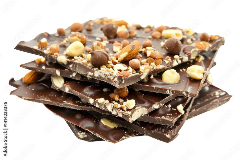 Tempting layers of rich chocolate bark topped with a medley of nuts, perfect for a sweet indulgence isolated on transparent background Tempting layers of rich chocolate bark topped with a medley of nuts, perfect for a sweet indulgence isolated on transparent background