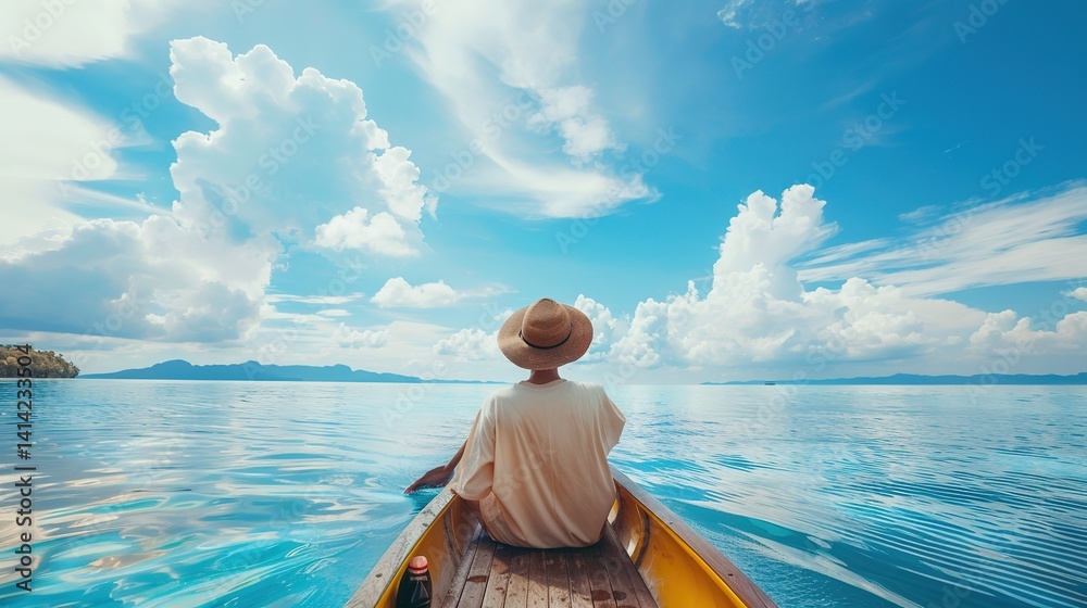 Fototapeta premium Solitary Boat Gently Drifting in a Calm Ocean, Capturing the Stillness, Serenity, and Beauty of Open Water
