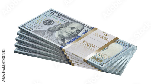Stack of US 100 dollar bills wrapped, bank strap. Money bundle banknotes, $10,000 in one hundred dollar notes. Financial assets, banking, investment, wealth, cash currency, reserve concept. 3D render