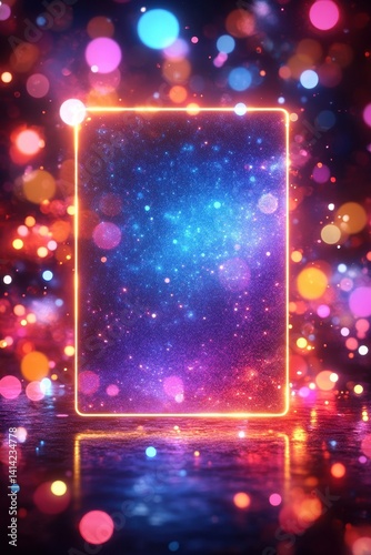 Glowing Neon Frame with Colorful Bokeh Lights and Reflective Surface