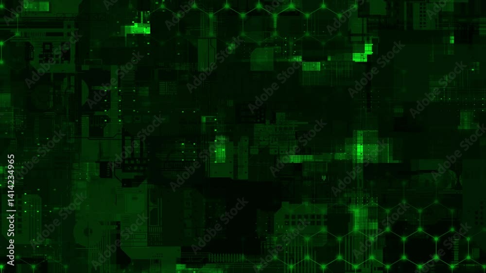 Green color plexus hexagonal shapes big data hi-tech mother board design loop able technological background Green color plexus hexagonal shapes big data hi-tech mother board design loop able technological background
