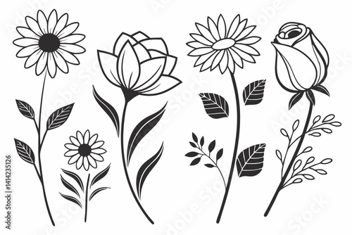 Elegant Floral Designs Black and White Flower Illustrations for Design Projects