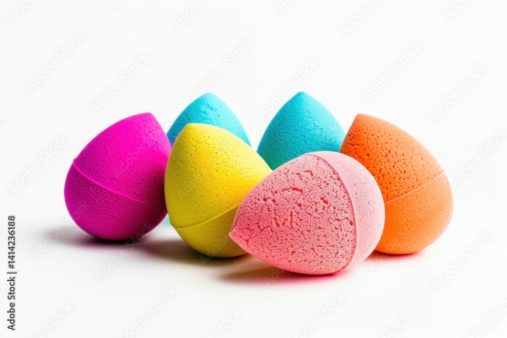 Vibrant assortment of makeup sponges arranged creatively on a bright white surface isolated on transparent background