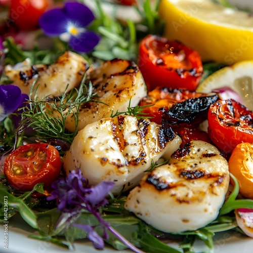 Salad with grilled scallops, tomatoes and arugula. Vivid colors, Close up, selective focus. 