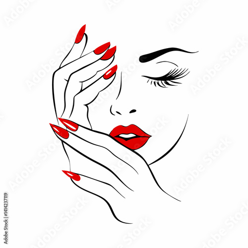 Elegant woman with manicured nails and red lipstick.