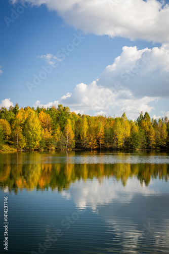 Autumn landscape with a lake and trees in the background. Golden autumn sunny day. Water surface with forest reflection in water. Parks and country recreation. Walks in the forest by the pond