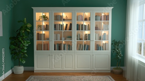 Elegant built-in bookcase unit with glass doors and integrated lighting
