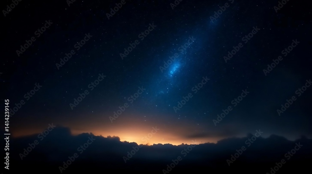 Night sky view with stars constellations, orange glow horizon, silhouettes clouds create serene peaceful mood Night sky view with stars constellations, orange glow horizon, silhouettes clouds create serene peaceful mood