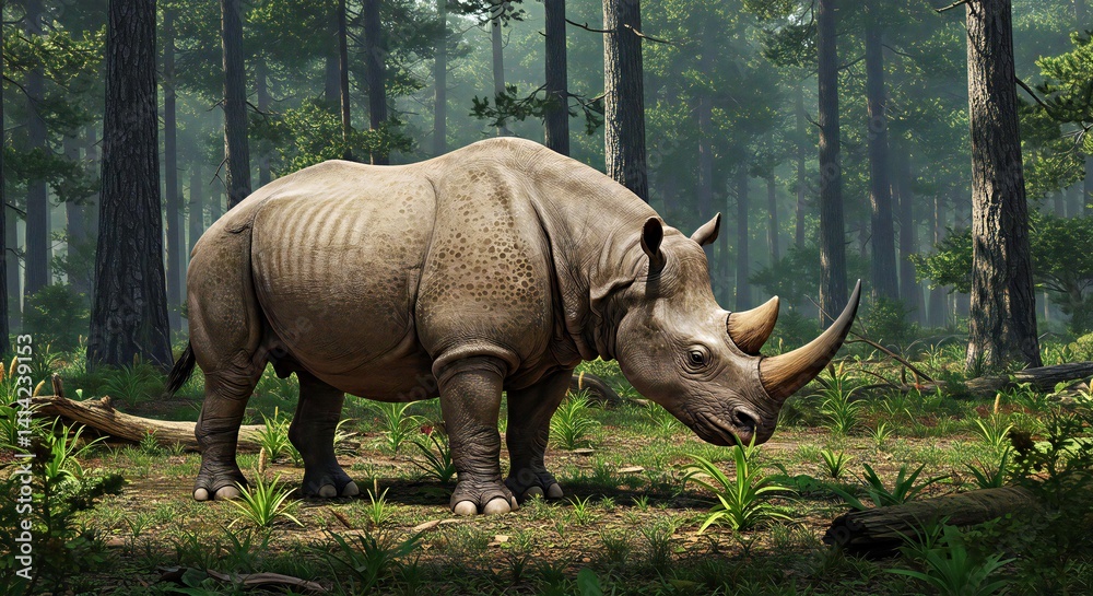 Obraz premium Iranotherium Morgani Browsing on Vegetation in a Miocene Woodland Environment_