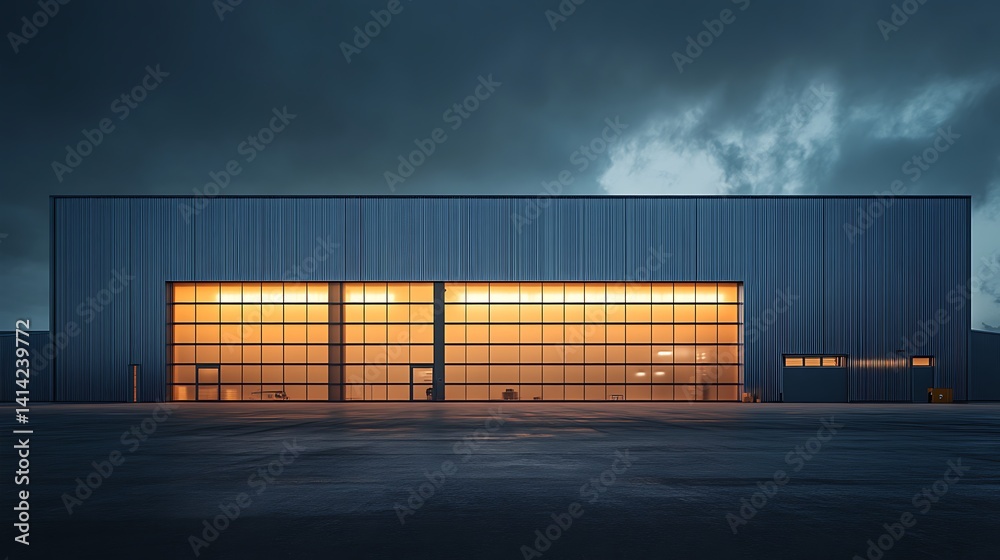 Obraz premium Large Hangar Exterior with Illuminated Interior at Dusk