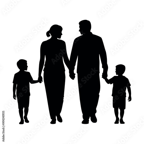 Family holding hands silhouette, mother and father holding hands with two children