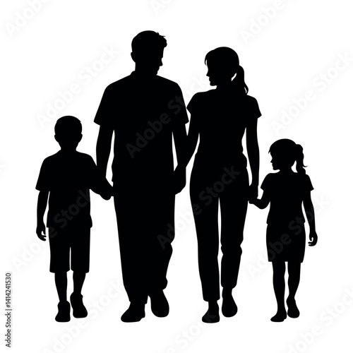 Family silhouette vector, man and woman walking with two kids