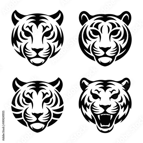  Set of tiger head illustrations in black and white. Tiger head design on white background.Tiger set logo vector icon Silhouette of a tiger head isolated on white background.