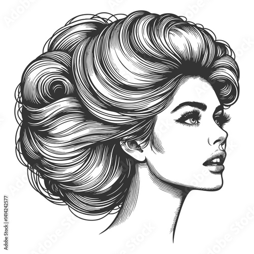 woman with an enormous, intricately curled hairstyle, blending surrealism, elegance, and vintage artistic style sketch engraving generative ai vector illustration. Scratch board. Black and white image