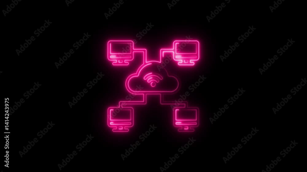 Glowing neon Internet of things computer icon. neon computer and wi -fi Networking icon black background. Glowing neon Internet of things computer icon. neon computer and wi -fi Networking icon black background.