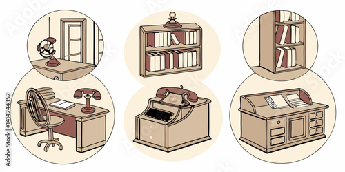 Vintage Office Furniture Desk Bookshelf Telephone Illustration