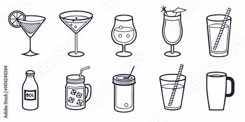 Variety of Black and White Drinkware Outline Style Vector Icons Set: Glasses, Mugs, Bottles